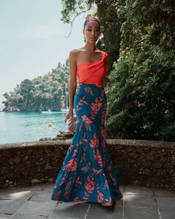 Sale Jupe Longe Martina Imprimée Bleu Communions Ou Baptêmes|Invité Mariage