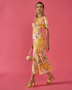 Hot Robe Carmina jaune à imprimé floral Outlet|Invité Mariage