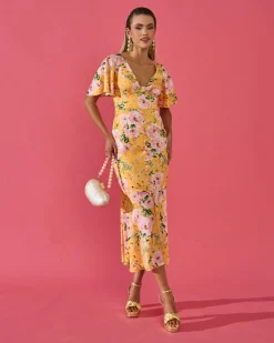 Hot Robe Carmina jaune à imprimé floral Outlet|Invité Mariage