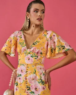 Hot Robe Carmina jaune à imprimé floral Outlet|Invité Mariage
