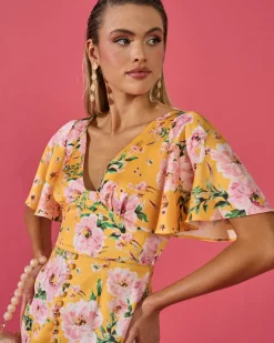 Hot Robe Carmina jaune à imprimé floral Outlet|Invité Mariage