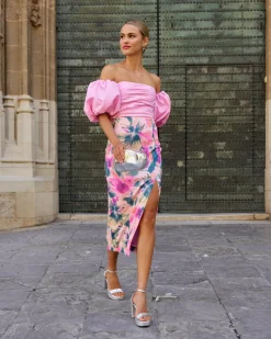 Hot Robe midi imprimée floral rose Manuela Outlet|Robes