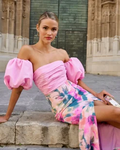 Hot Robe midi imprimée floral rose Manuela Outlet|Robes