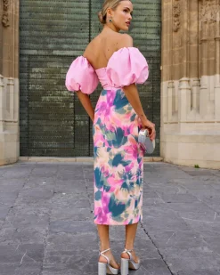 Hot Robe midi imprimée floral rose Manuela Outlet|Robes